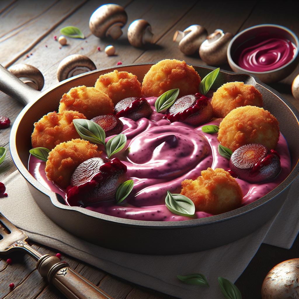 Champiñones fritos con mayonesa de remolacha