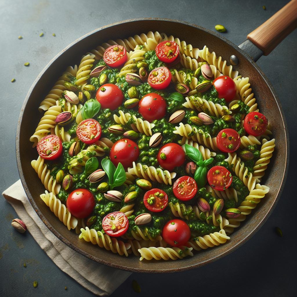 Fusilli al pesto de pistachos y tomates cherry