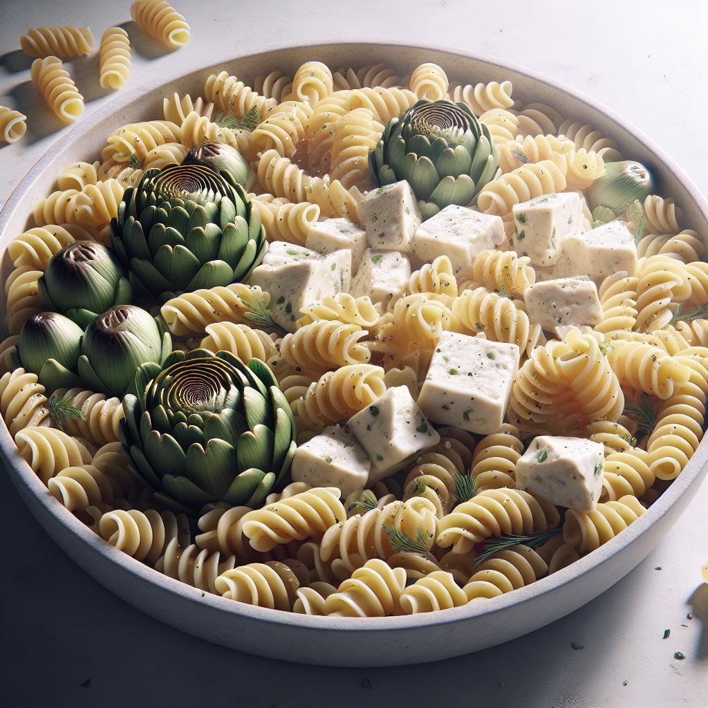 Fusilli con alcachofas y queso de cabra
