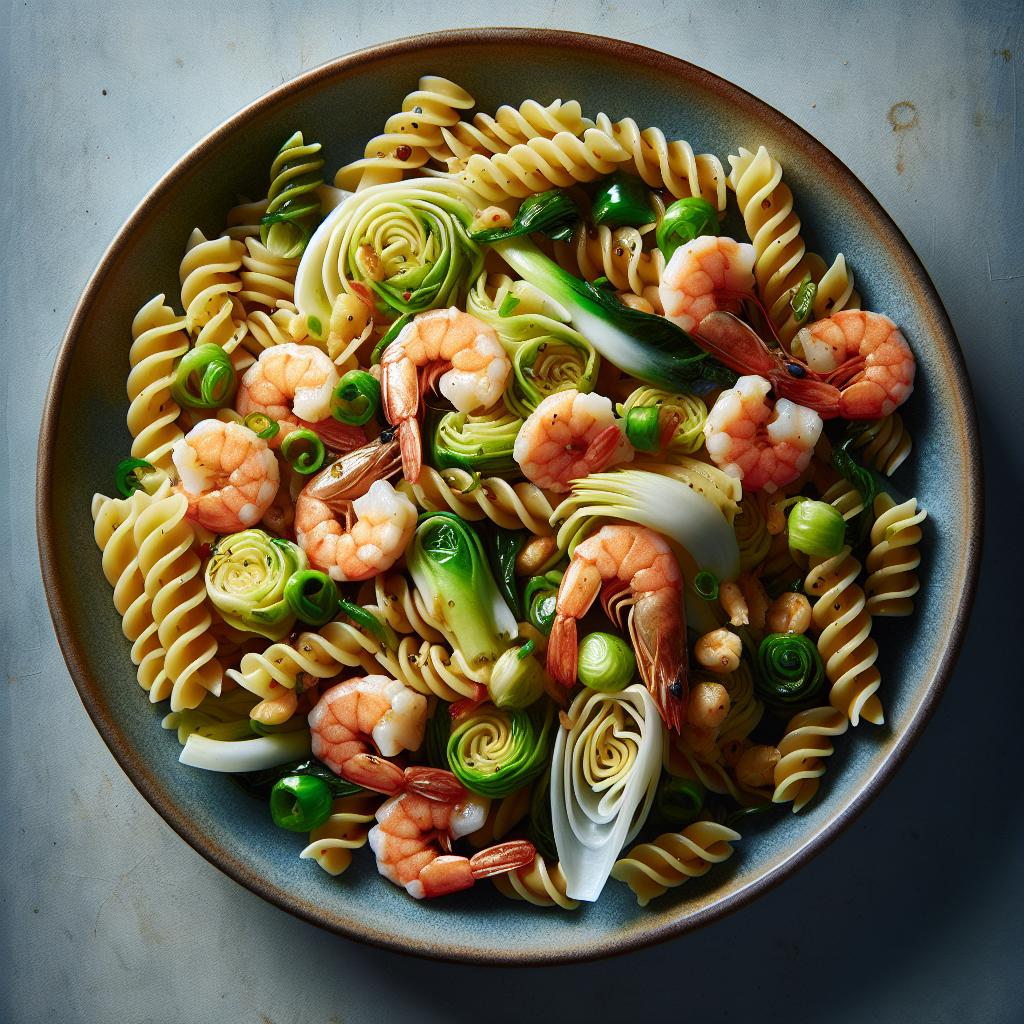 Fusilli fríos con escarola y gambas