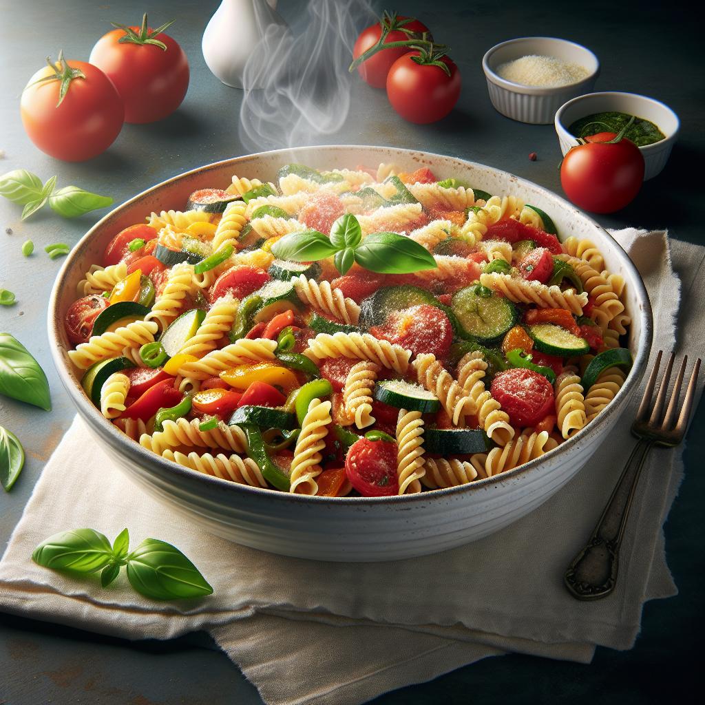 Fusilli integrales al ragú de verduras de verano