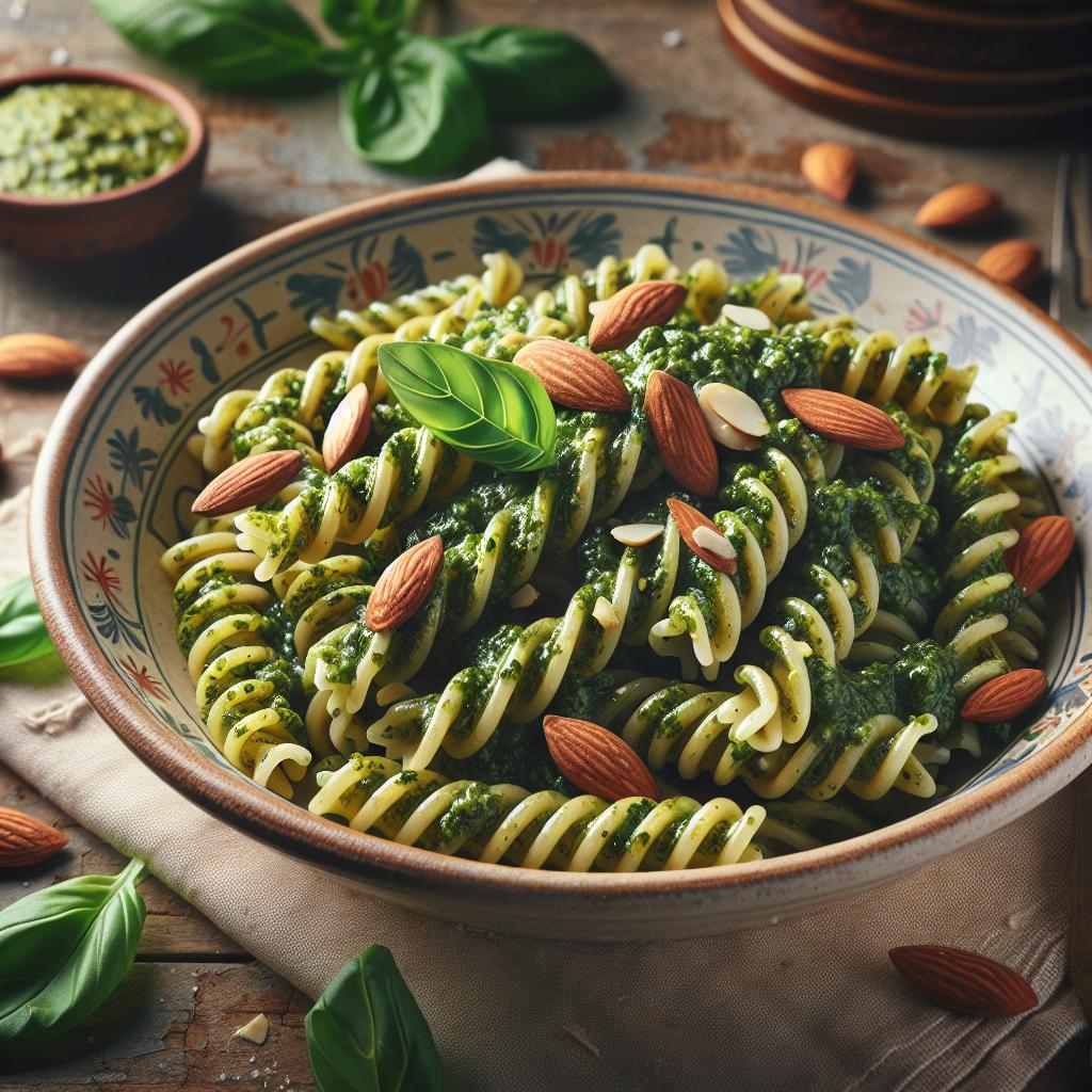 Fusilli Lunghi con Pesto de Albahaca y Almendras