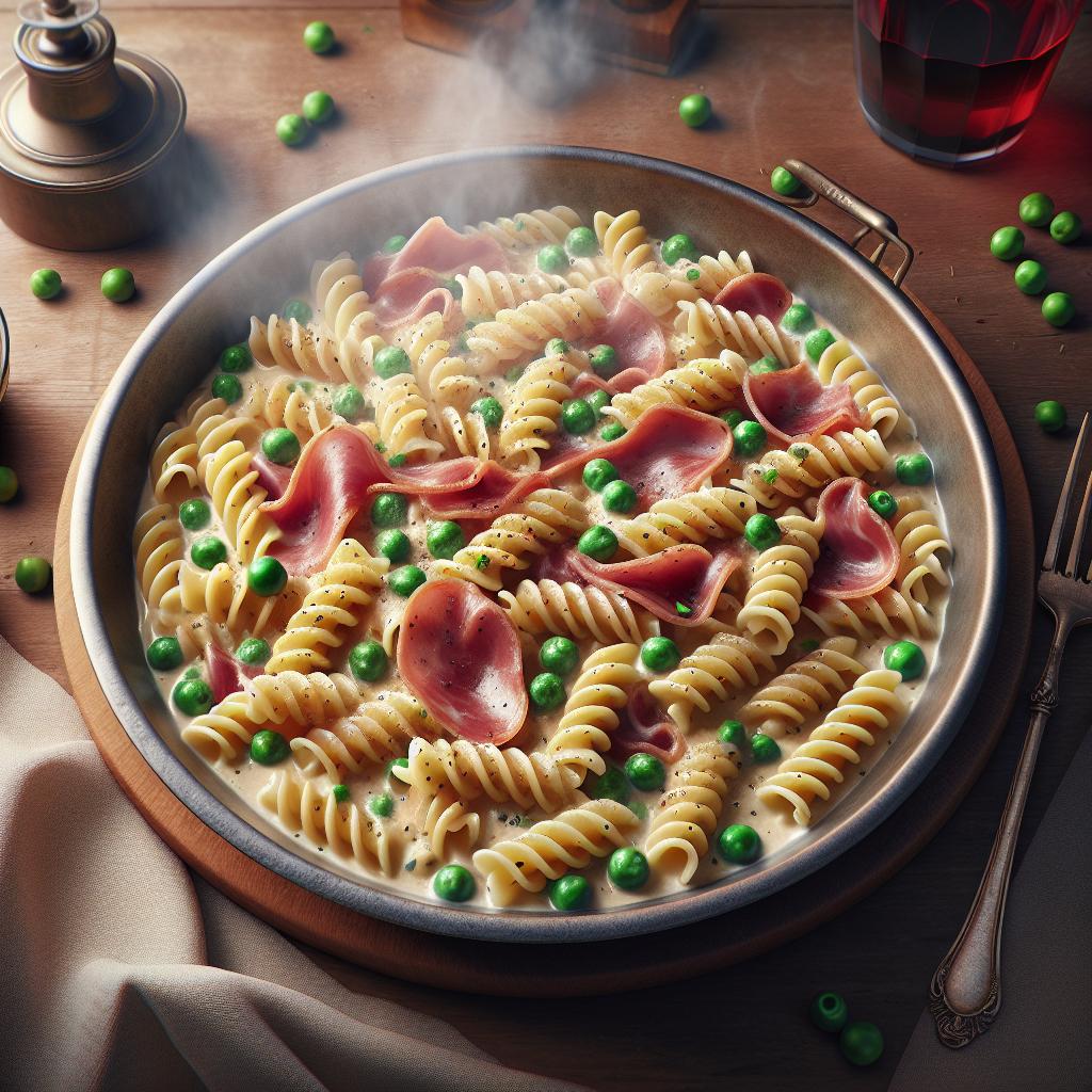 Fusilli con nata, jamón y guisantes