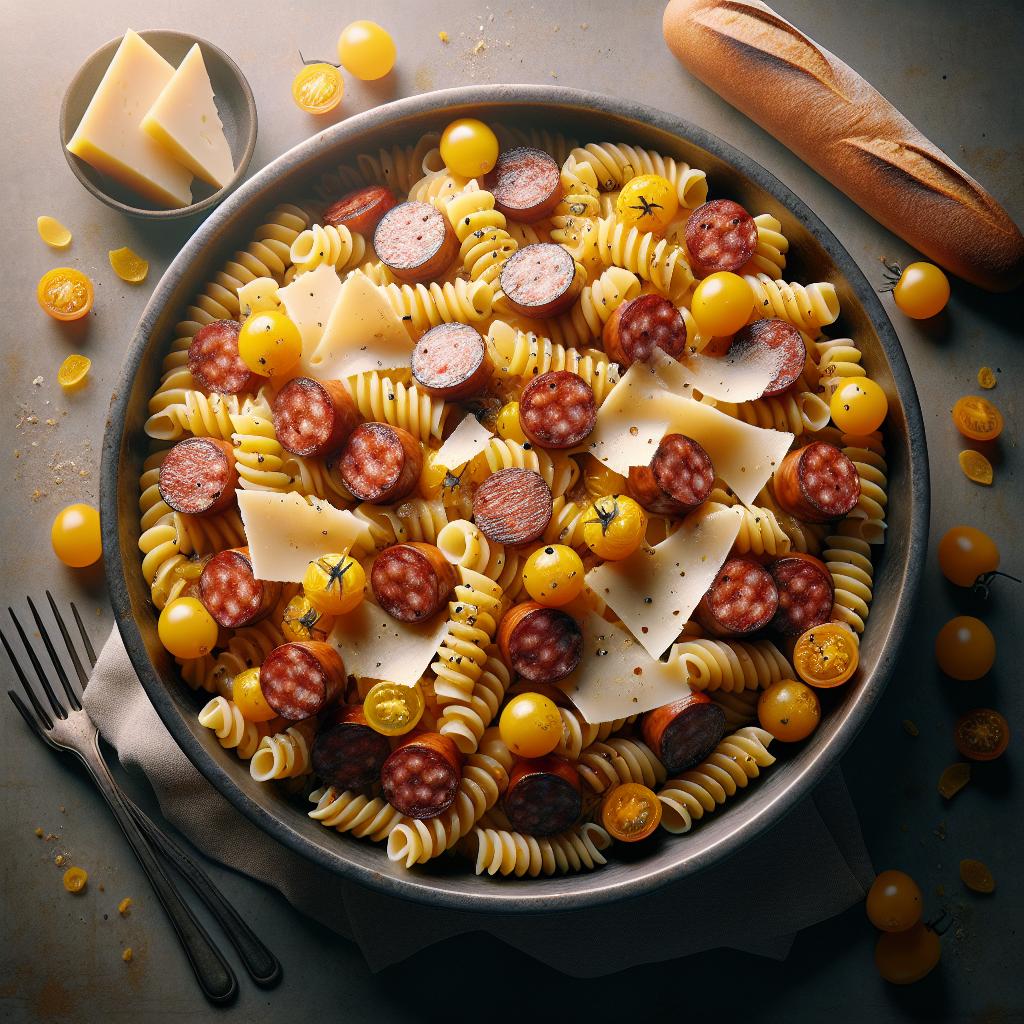 Fusilloni con salchicha, datterini amarillos y provolone