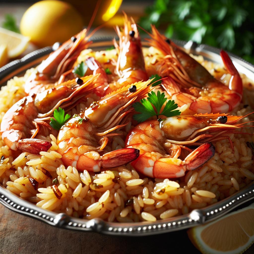 Gambas marinadas con arroz al jengibre