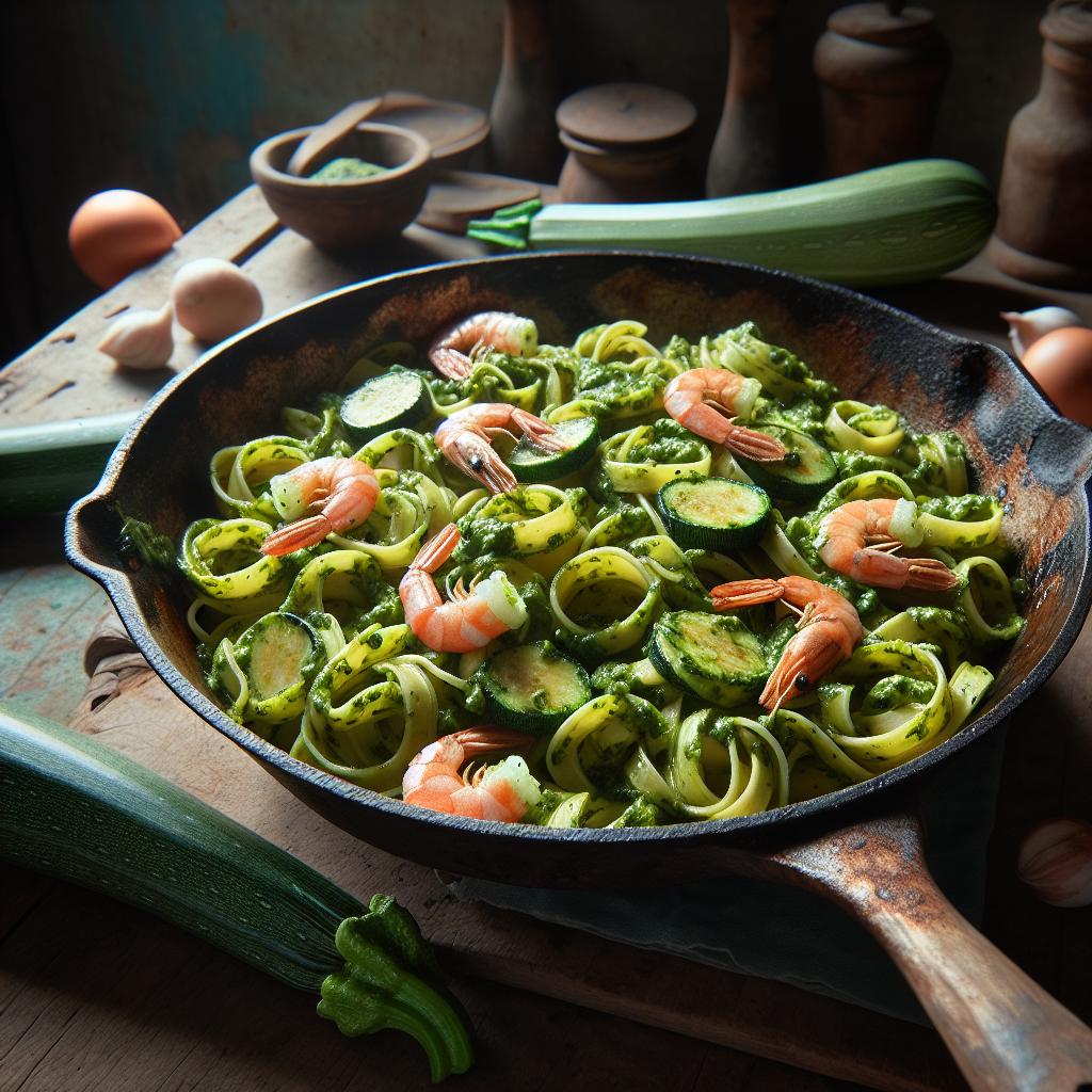 Garganelli con pesto de calabacines y gambas