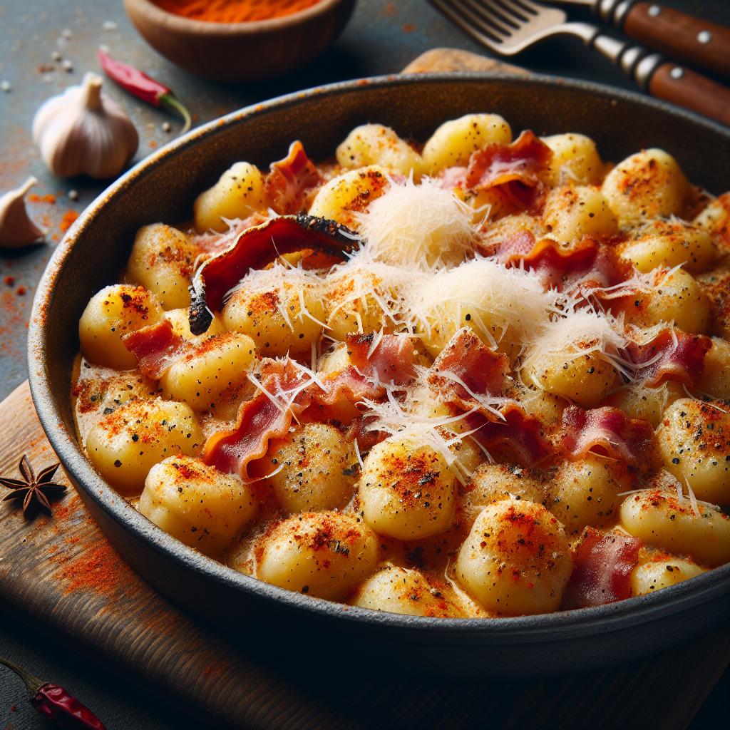 Ñoquis a la paprika con speck y parmesano