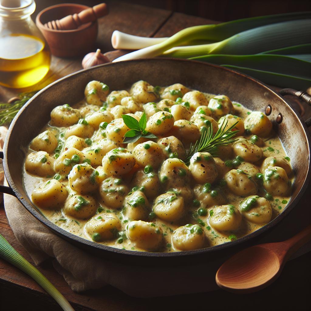 Ñoquis con hierbas y crema de puerros