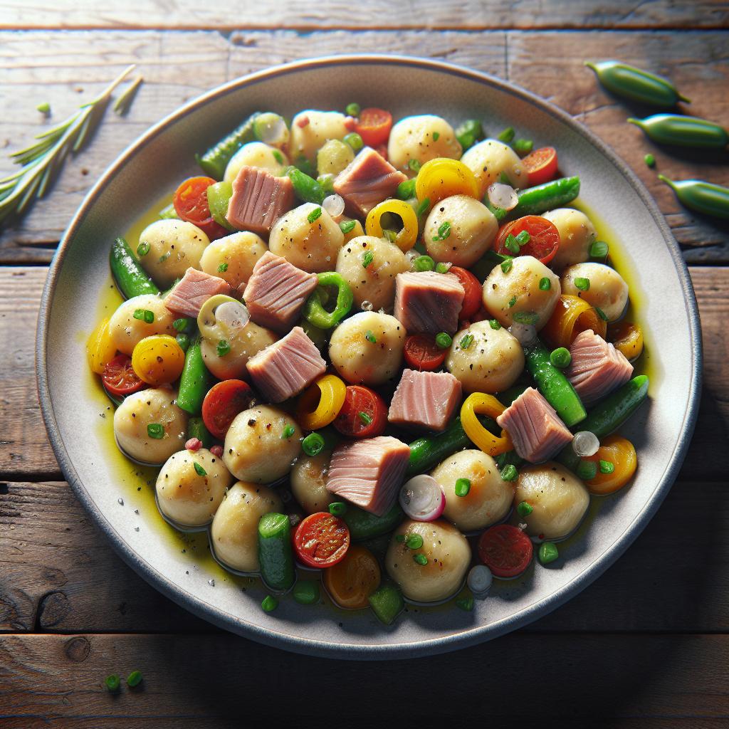 Ñoquis con verduras de temporada y atún