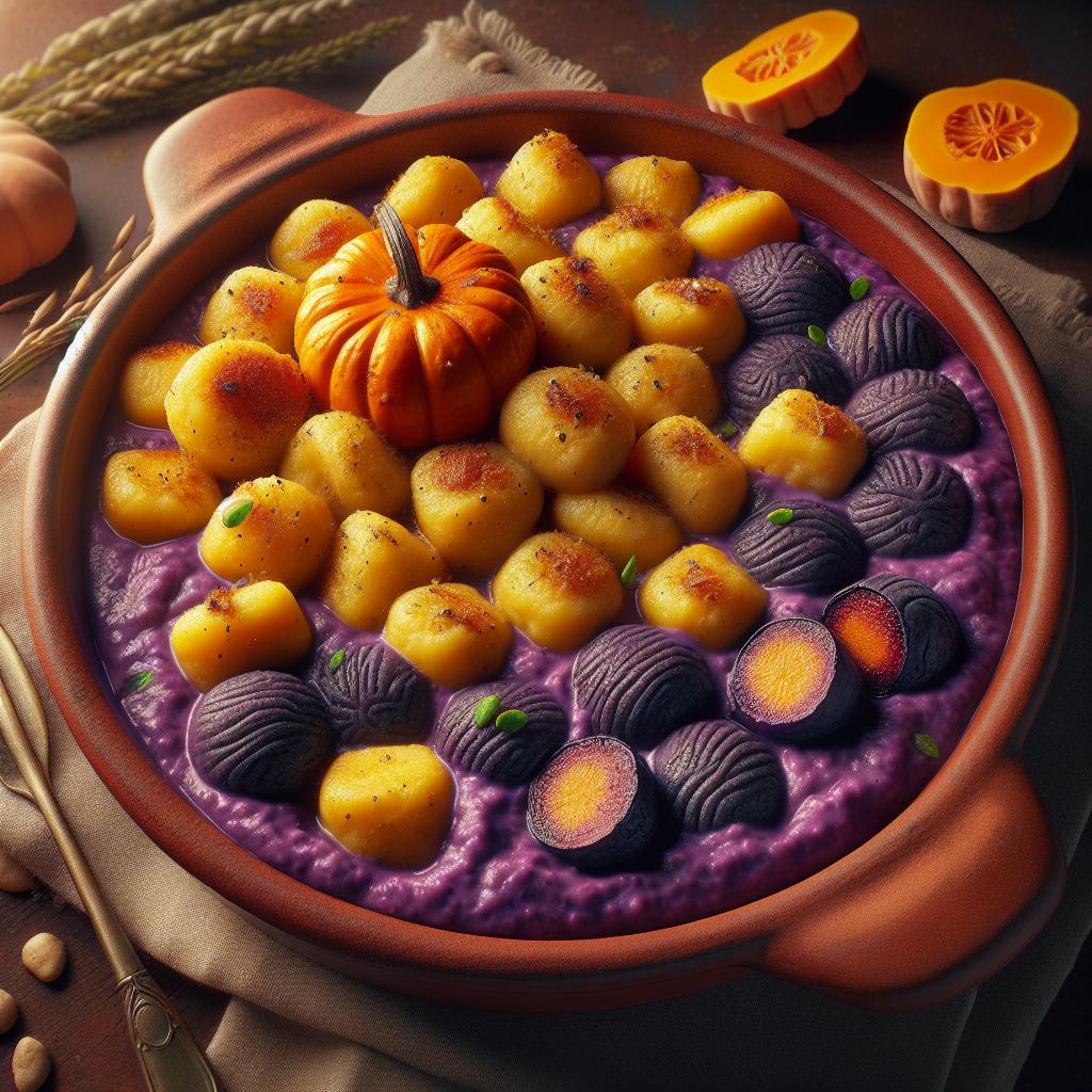 Ñoquis de calabaza sobre crema de patatas moradas