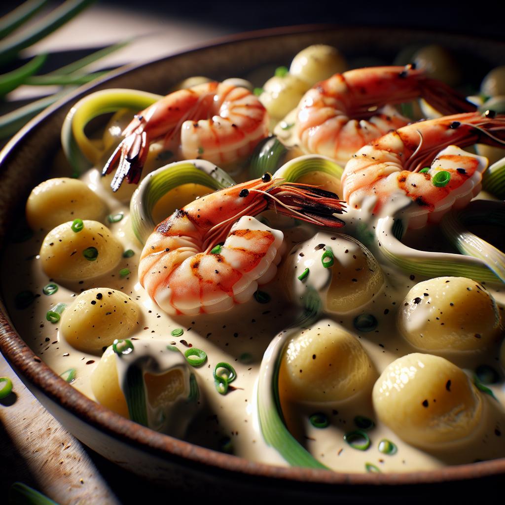 Gnocchi de puerro y gambas