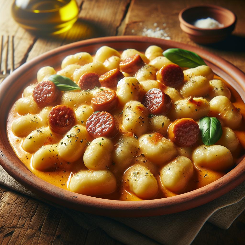 Ñoquis con salchicha y stracchino