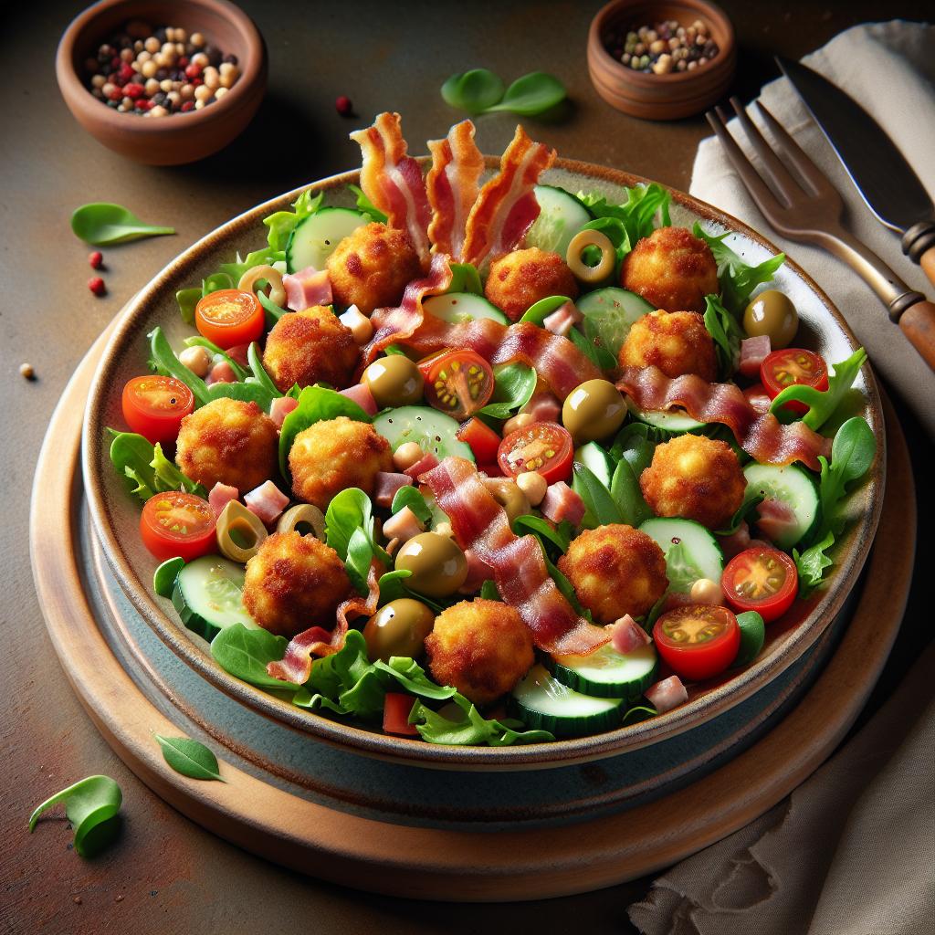 Ensalada con albóndigas de garbanzos y bacon