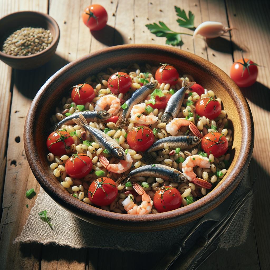 Ensalada de cebada con anchoas, gambas y tomates cherry