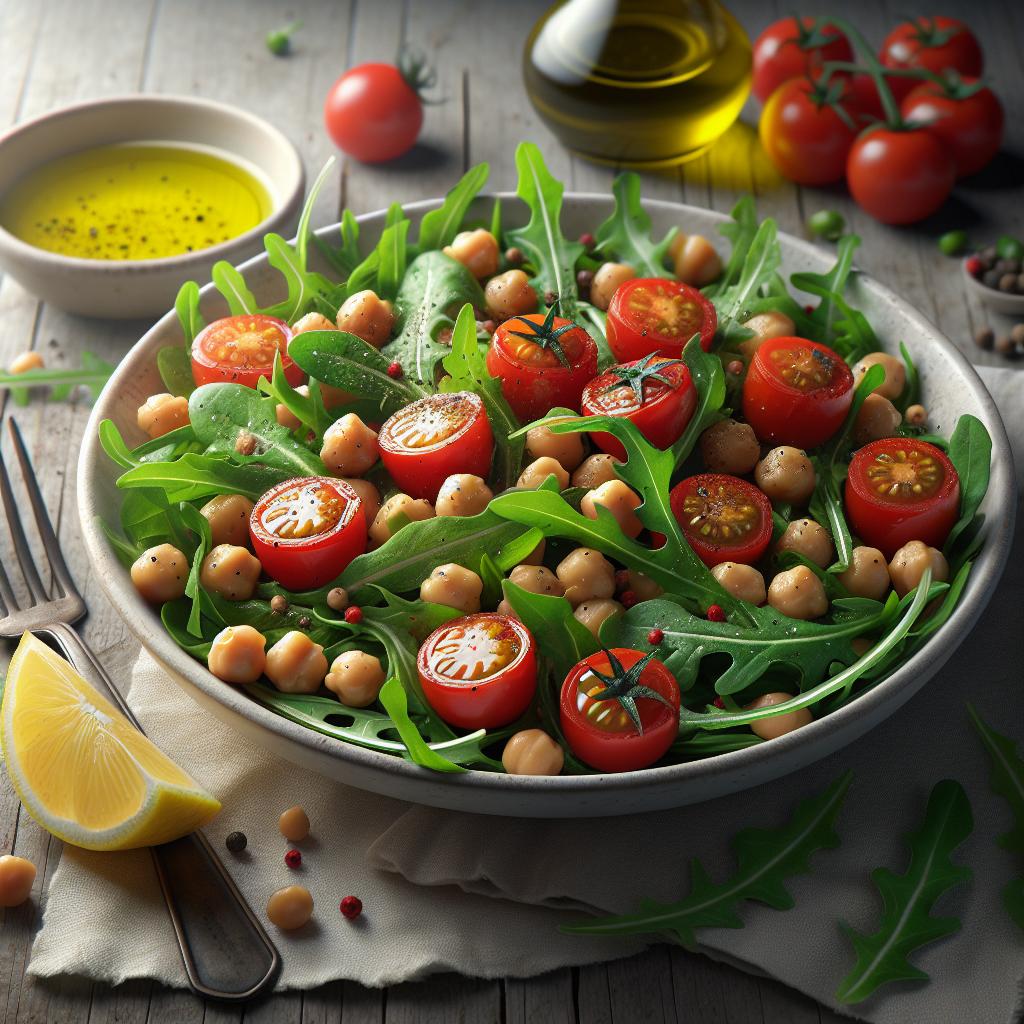 Ensalada de garbanzos, rúcula y tomates cherry