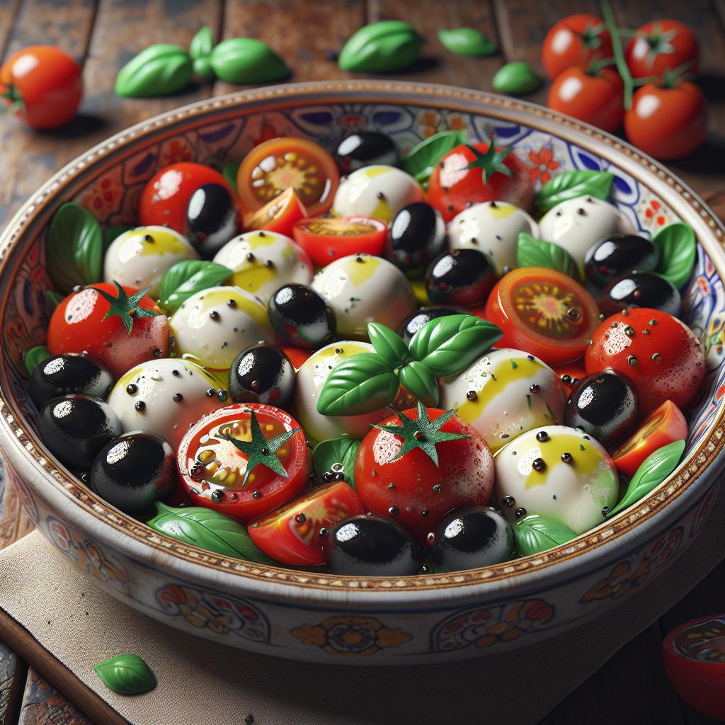 Ensalada de requesón con tomates cherry y aceitunas negras