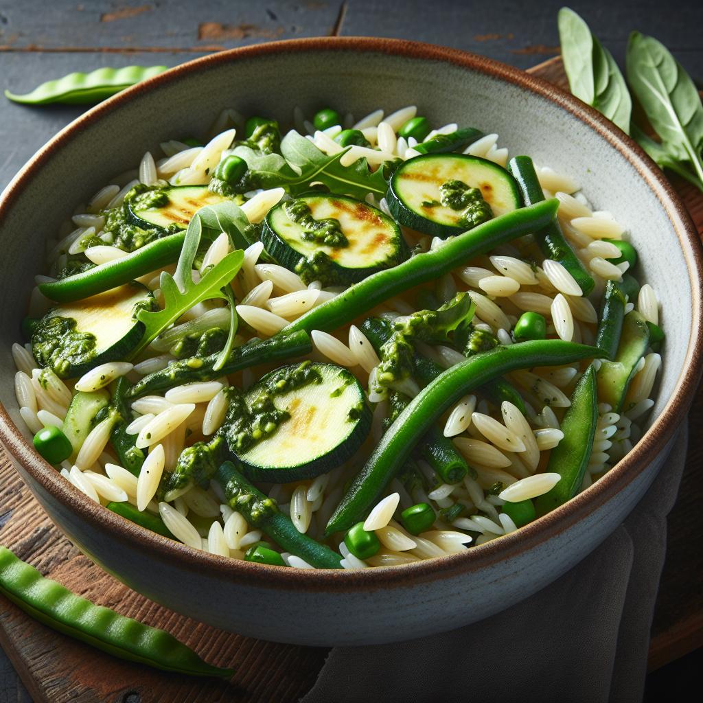 Ensalada de cebada con pesto de rúcula, judías verdes y calabacines