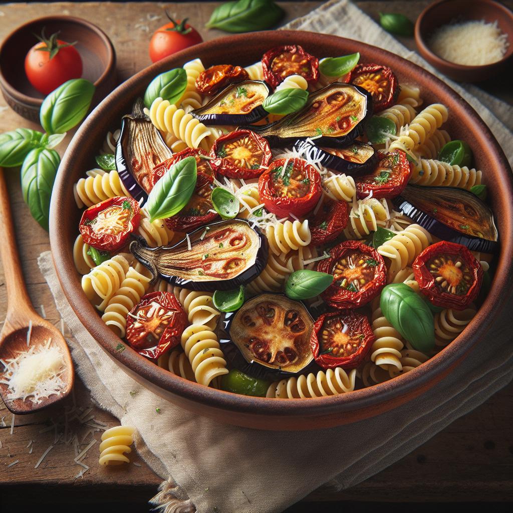 Ensalada de pasta con berenjenas y tomates secos