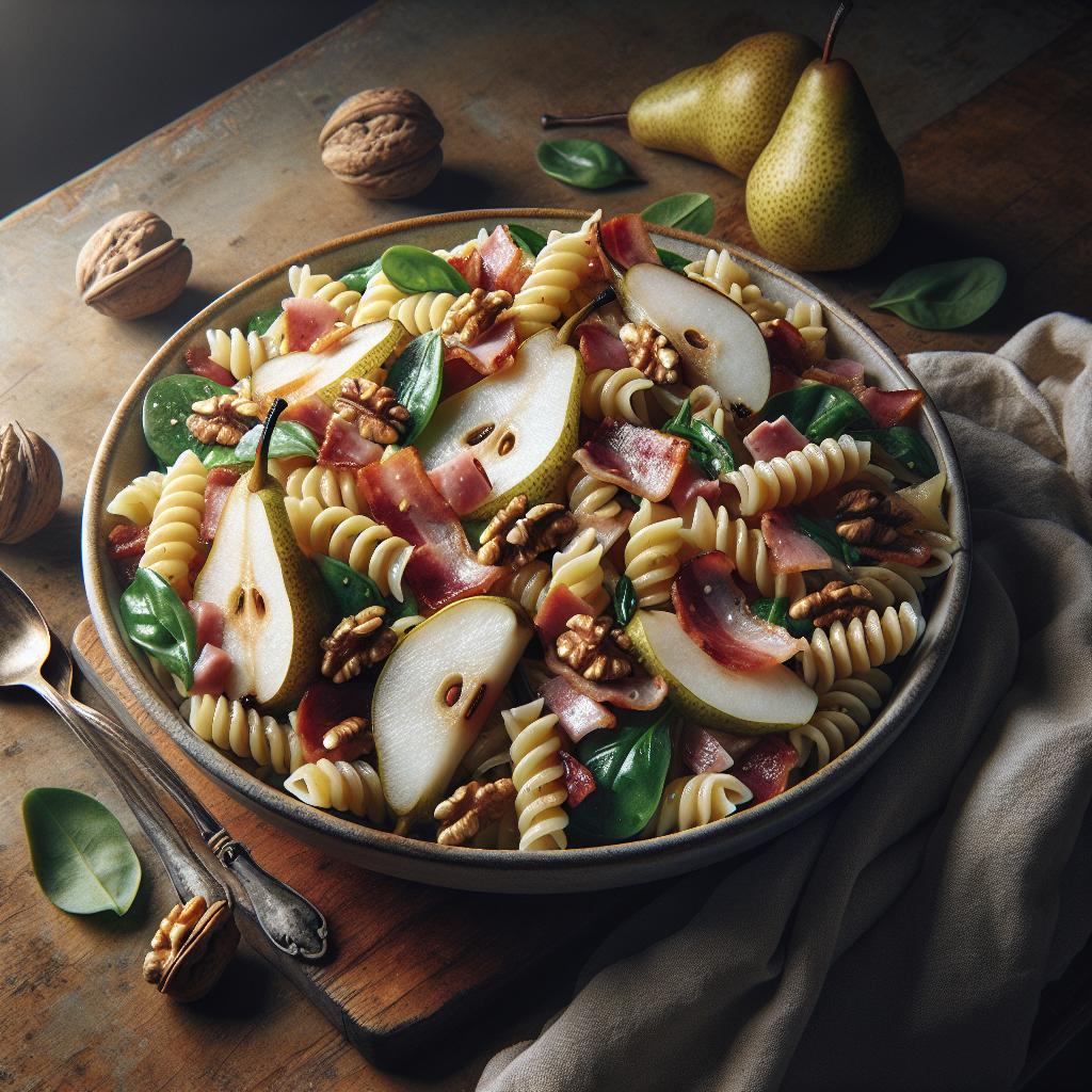 Ensalada de pasta con peras, panceta y nueces