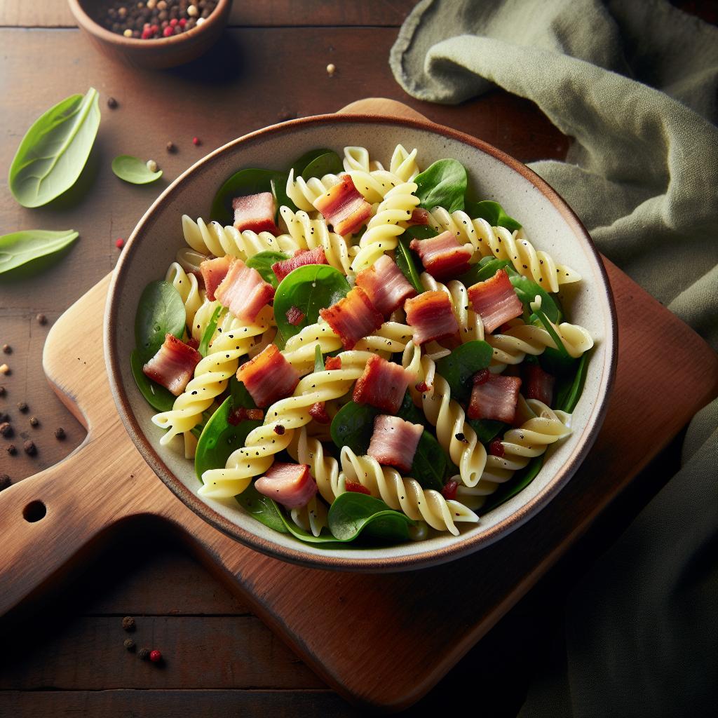 Ensalada de pasta rústica y cubitos de panceta ahumada