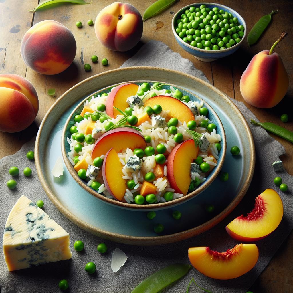 Ensalada de arroz con melocotones, guisantes y stracchino