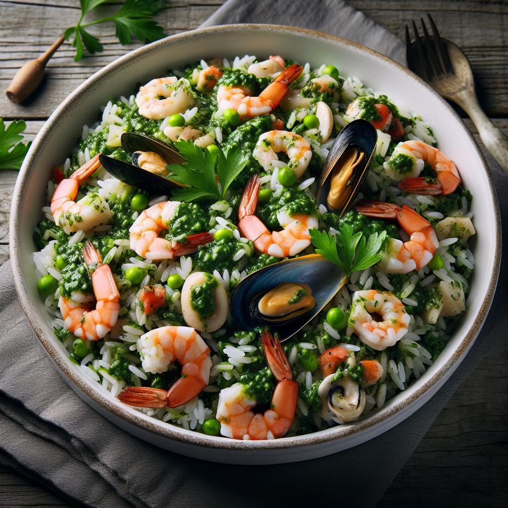 Ensalada de arroz con pesto de perejil y mariscos