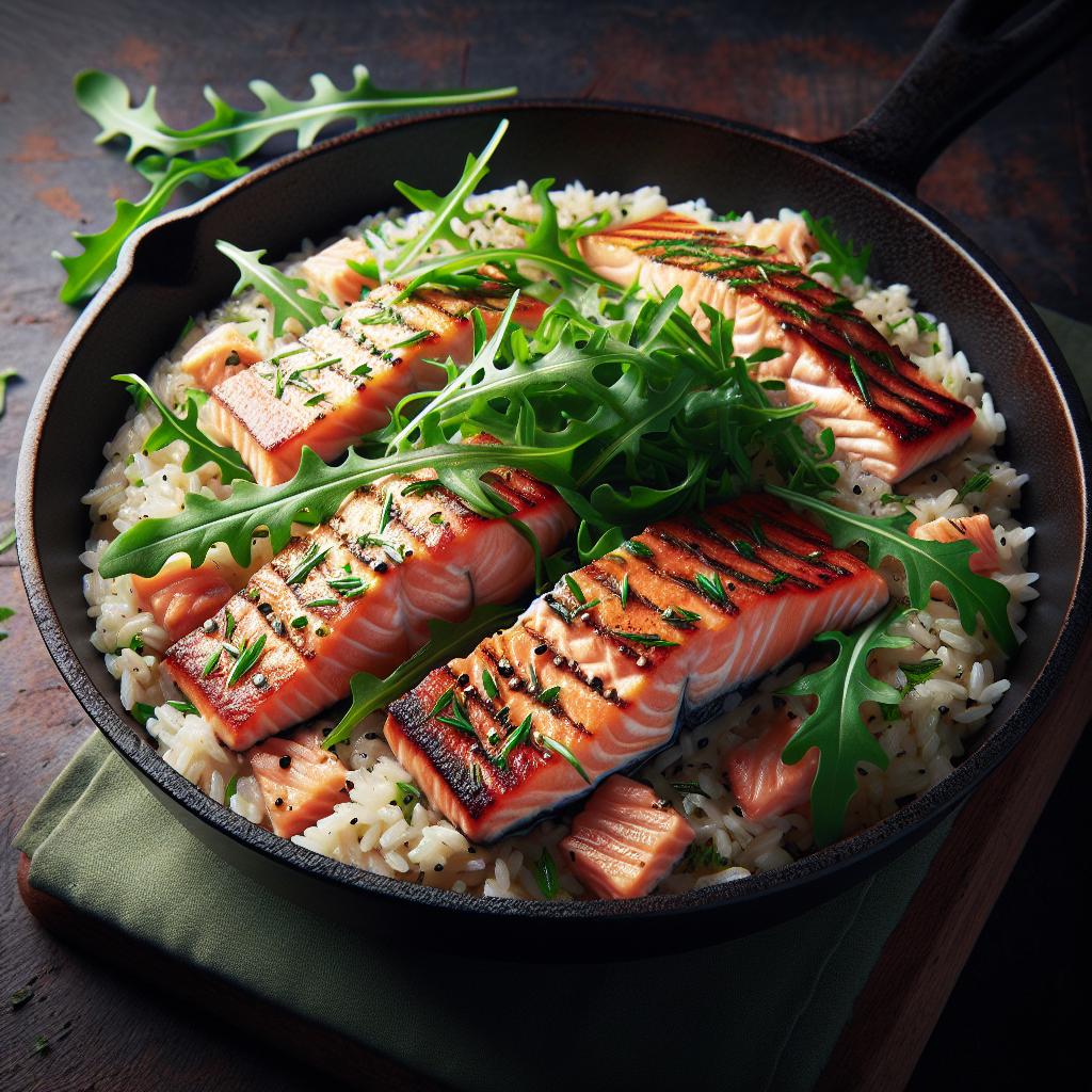 Ensalada de arroz con salmón tataki y rúcula