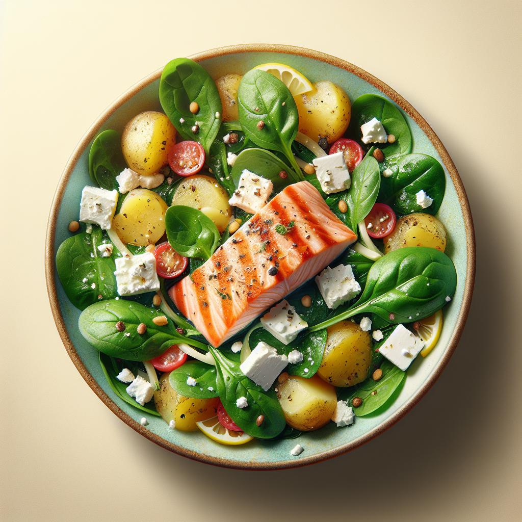 Ensalada de espinacas con patatas, salmón y feta