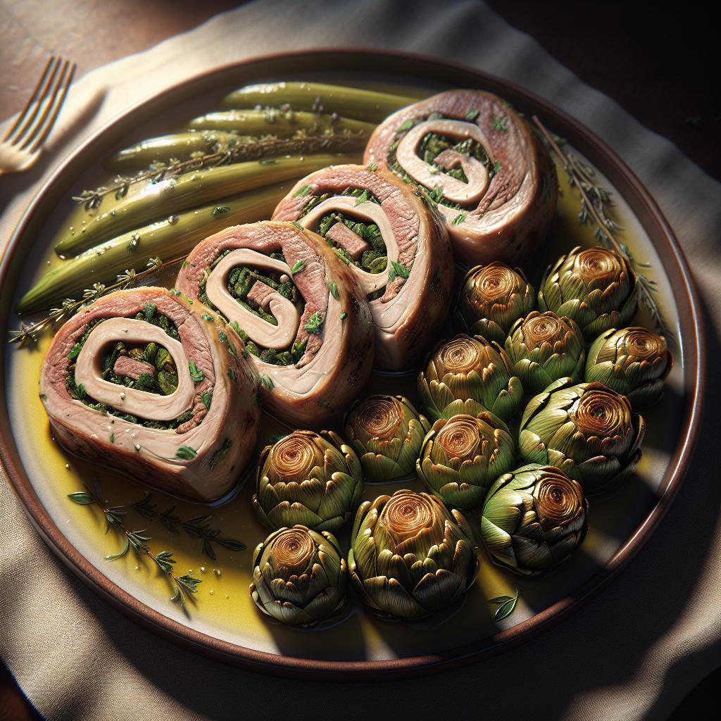 Rollitos con alcachofas salteadas al tomillo