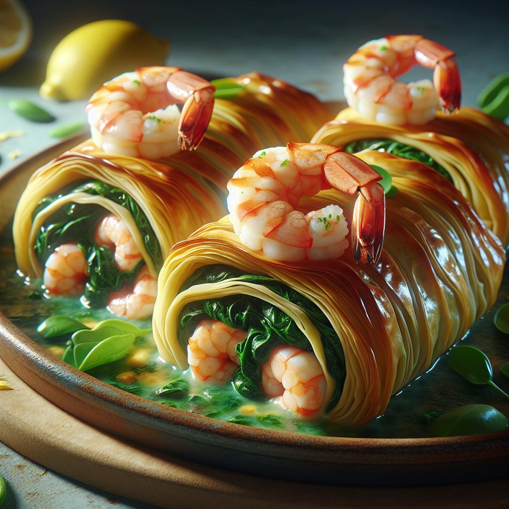 Rollitos de pasta filo con gambas y espinacas