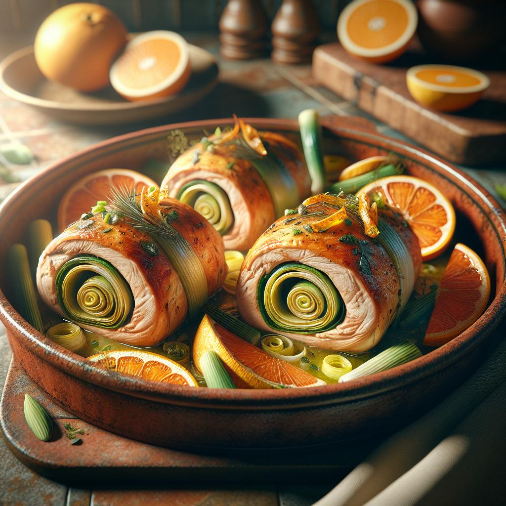 Rollitos de pollo con puerros y cítricos