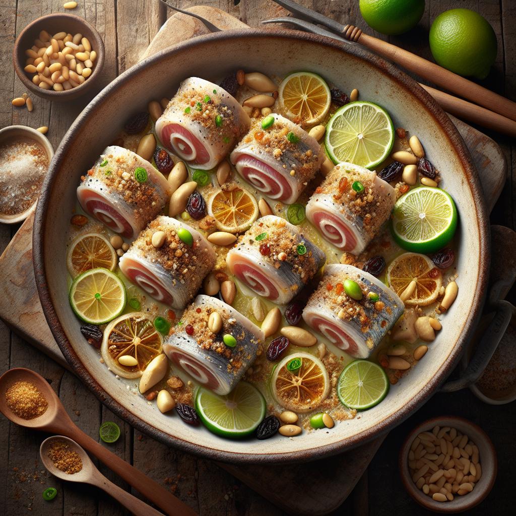 Rollitos de pez espada a beccafico con lima y jengibre