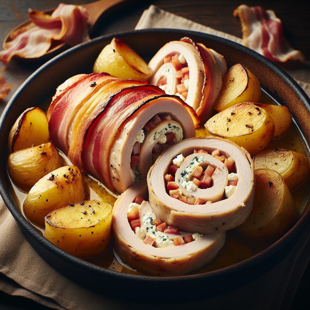 Rollitos de pavo con patatas, ricotta y panceta
