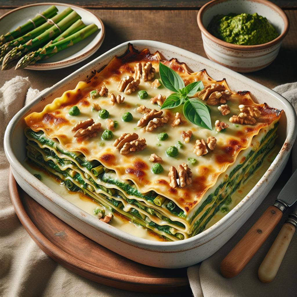 Lasañas al pesto de espárragos y nueces