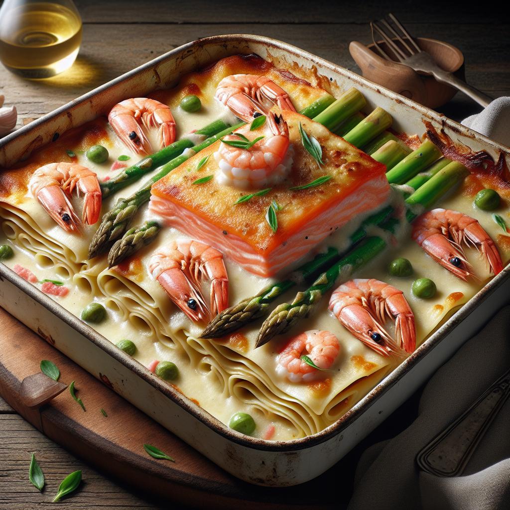 Lasañas al salmón, gambas y espárragos