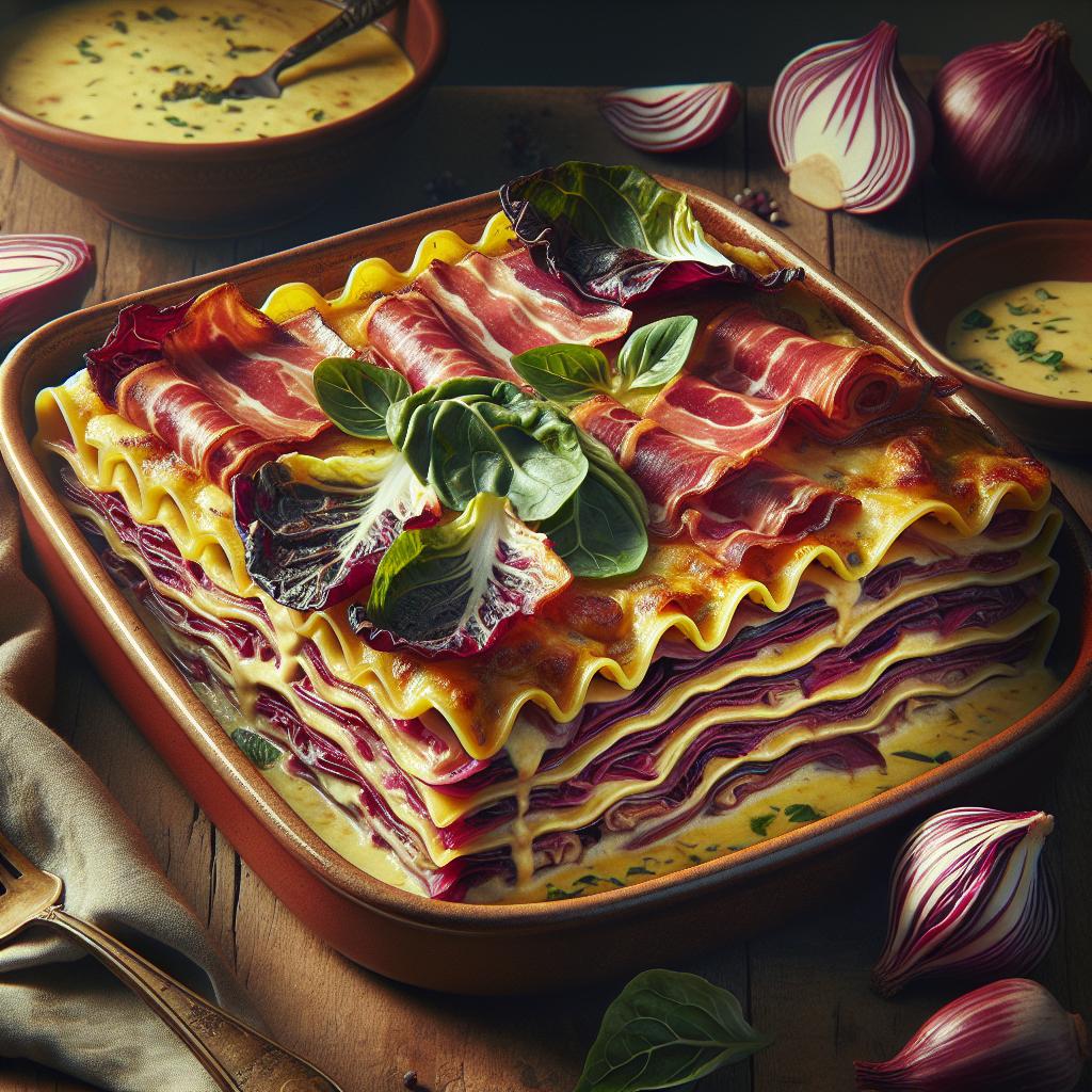 Lasañas con radicchio, crema de castañas y speck