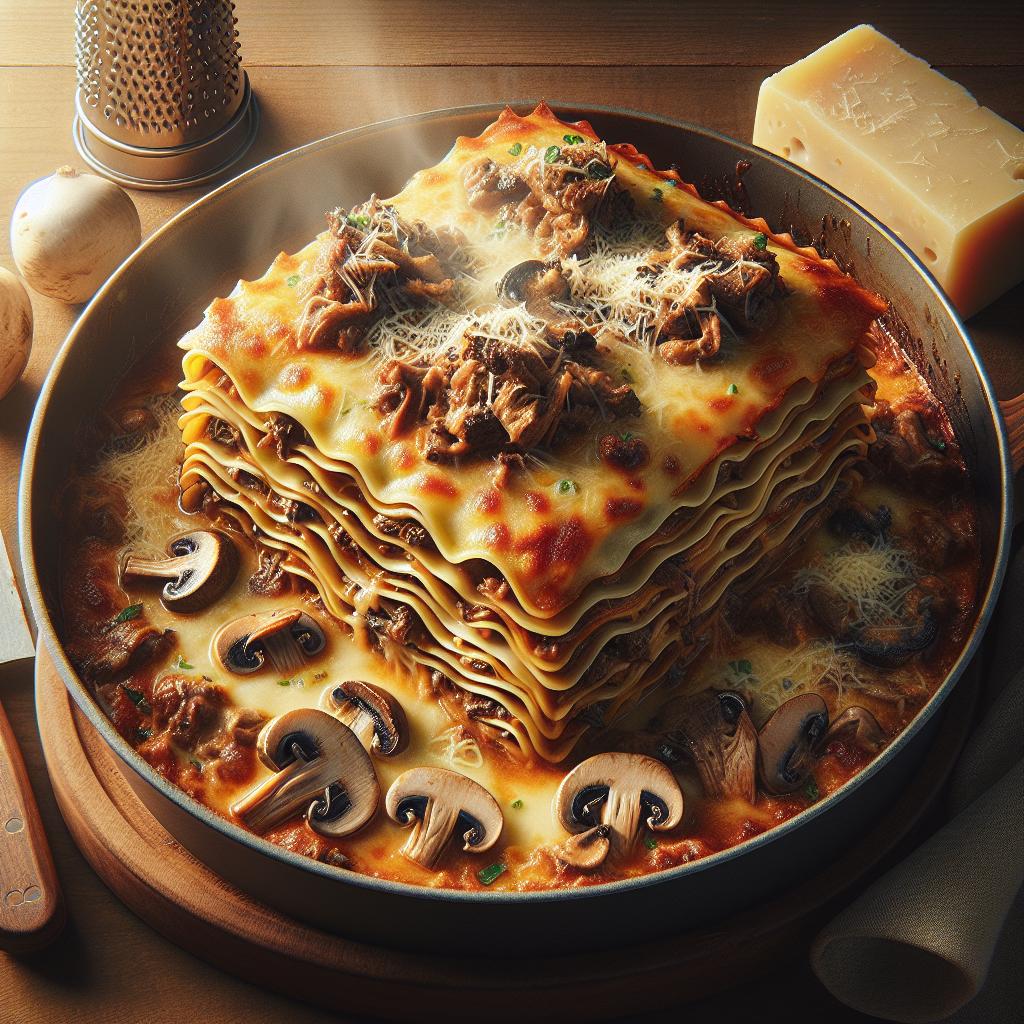 Lasañas con ragú de conejo y setas
