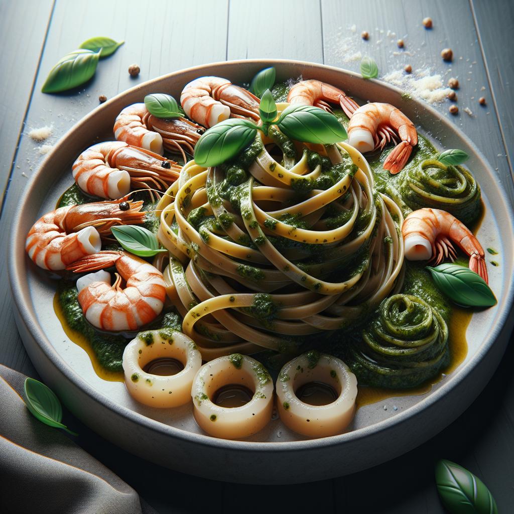 Linguine al pesto rústico, gambas y calamares