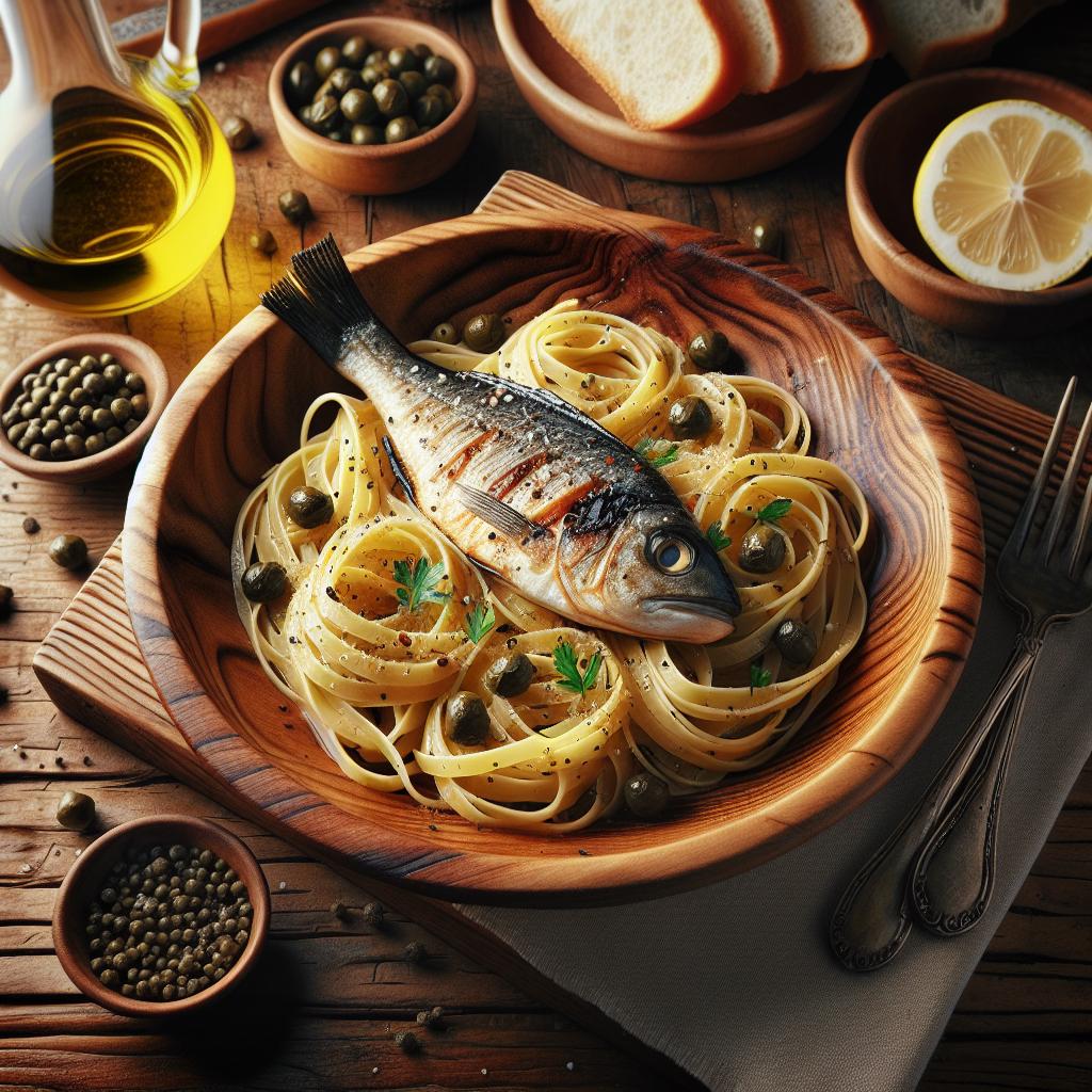 Linguine con lubina y alcaparras