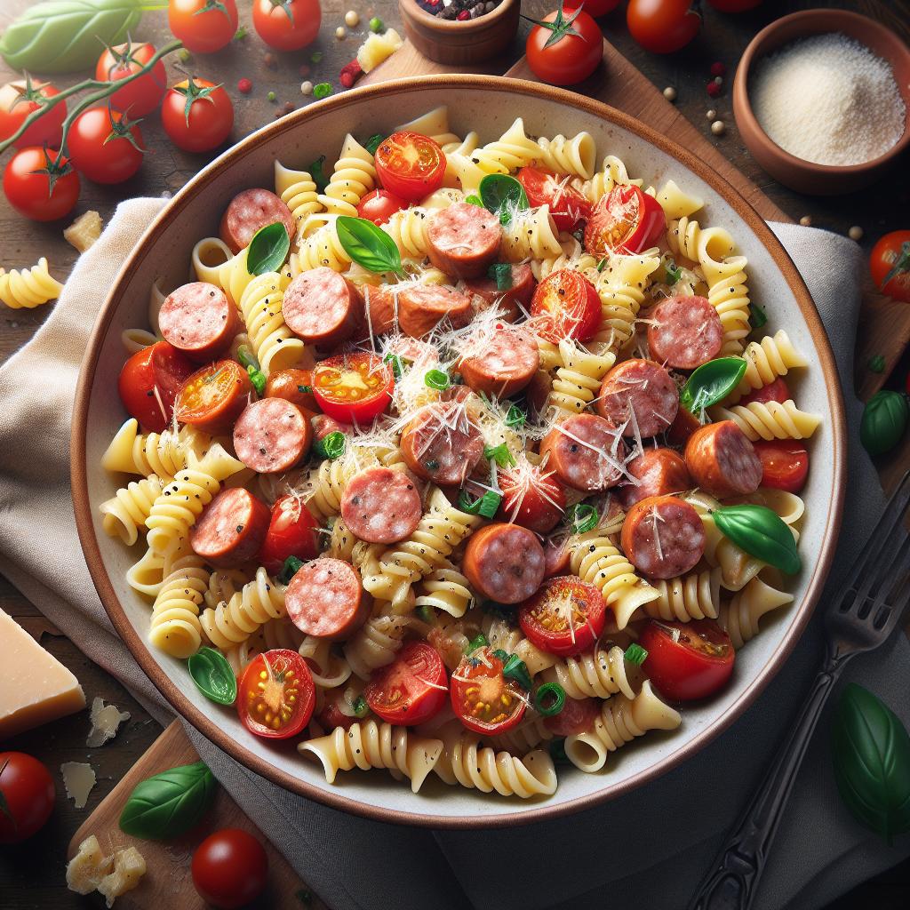 Lumaconi con salchicha de ternera y tomates cherry
