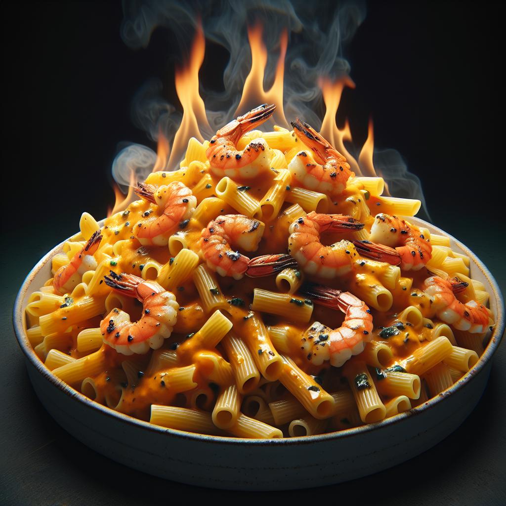 Macarrones a la crema de calabaza y gambas flambé