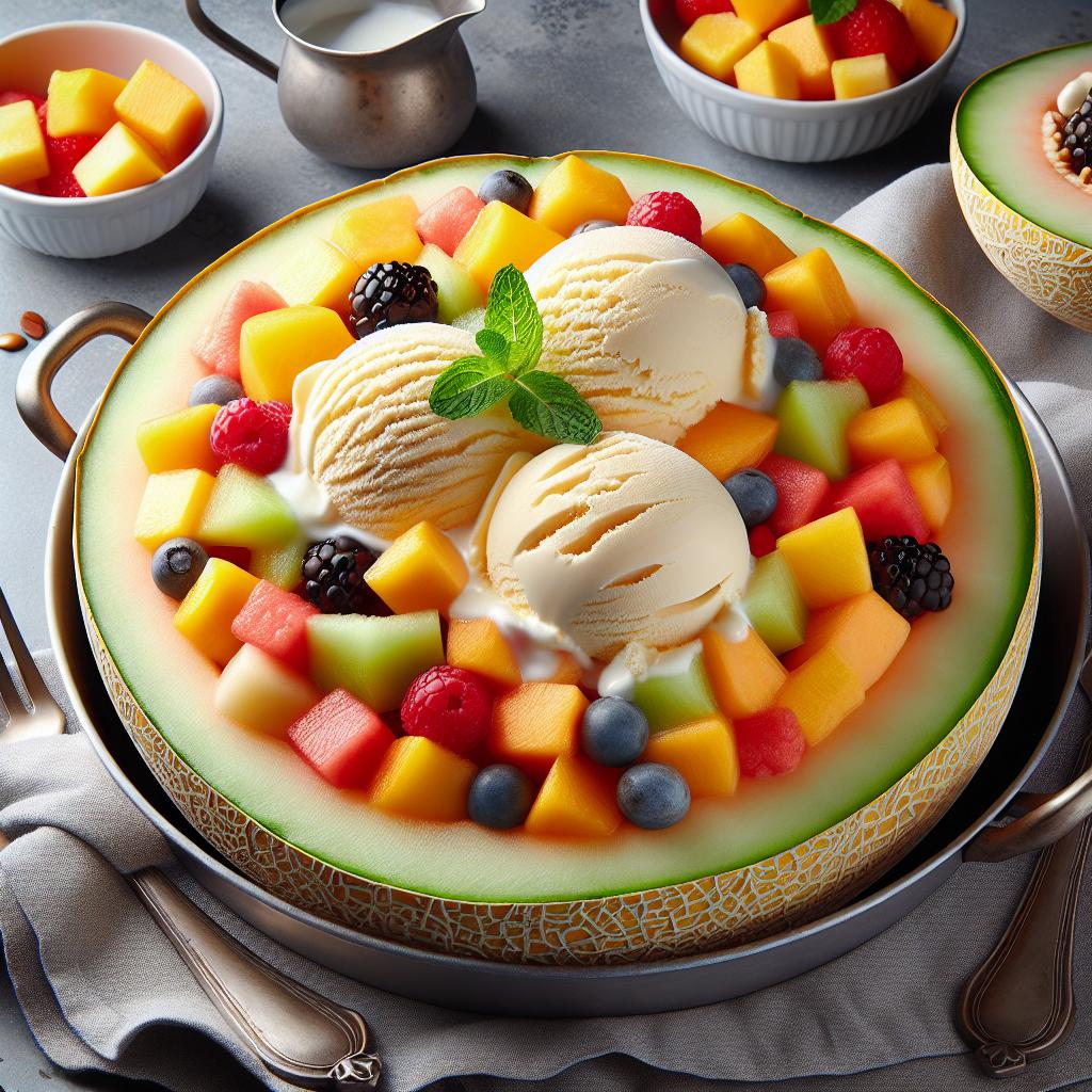 Melón relleno de fruta y helado