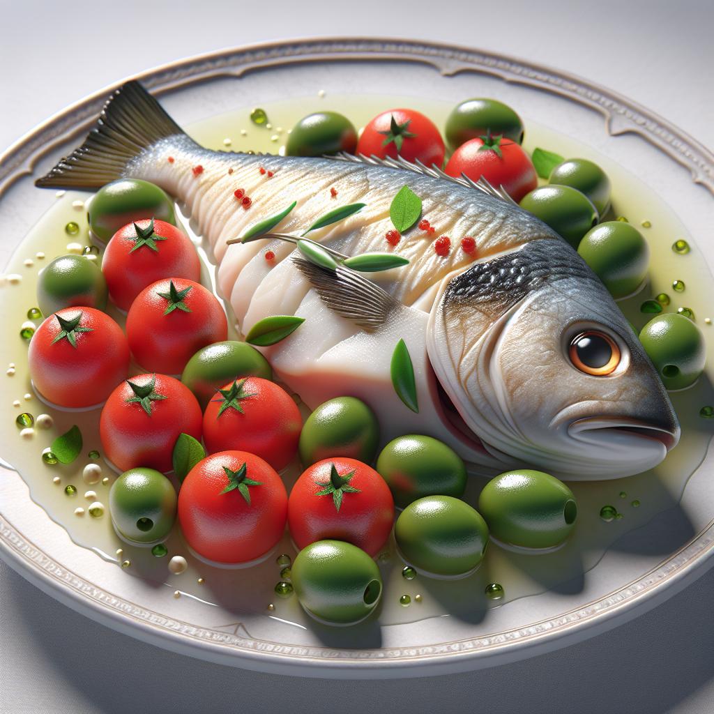 Bacalao al vapor con aceitunas verdes y tomates cherry