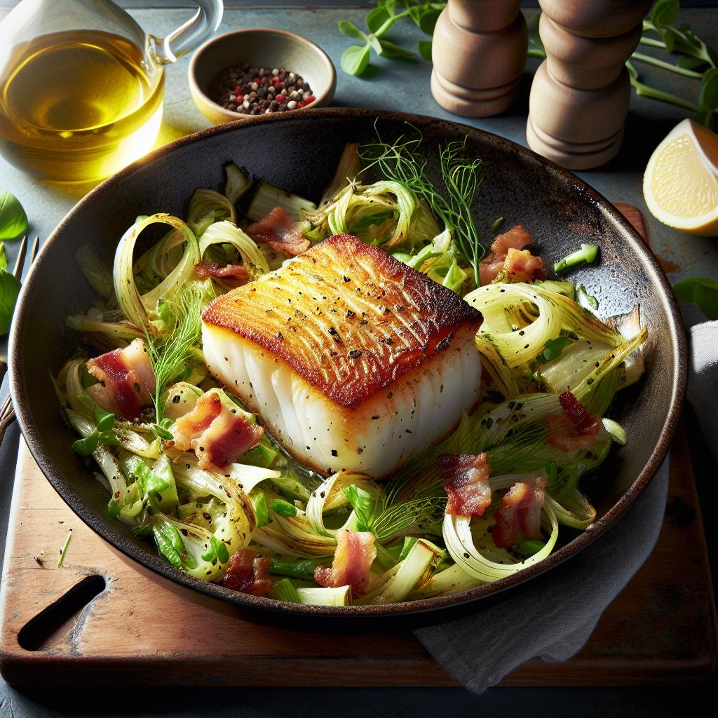 Bacalao en sartén con ensalada de hinojos y panceta
