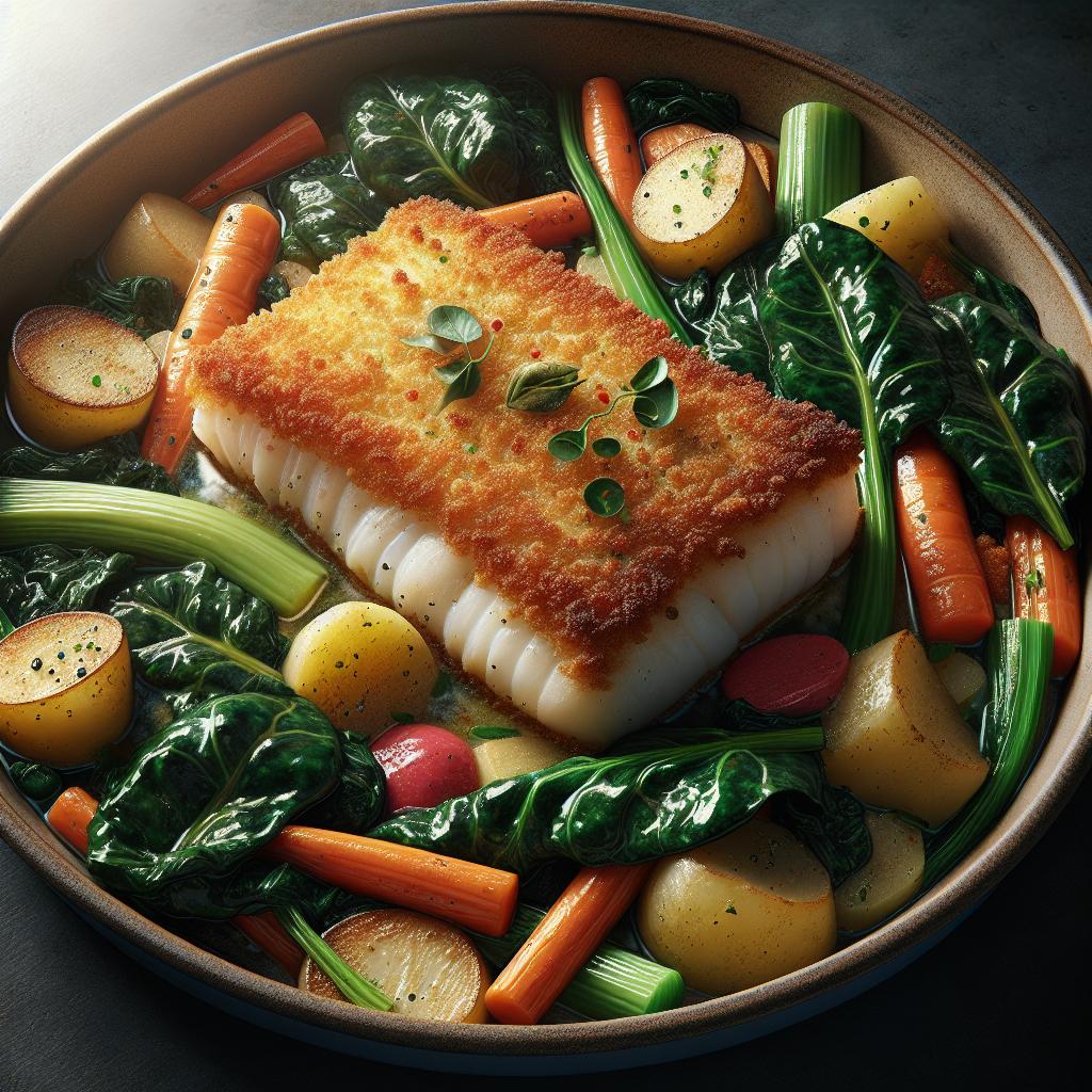 Bacalao empanado al horno con acelga, patatas y zanahorias