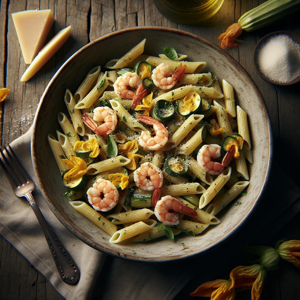 Mezze penne con gambas y salsa de flores de calabaza