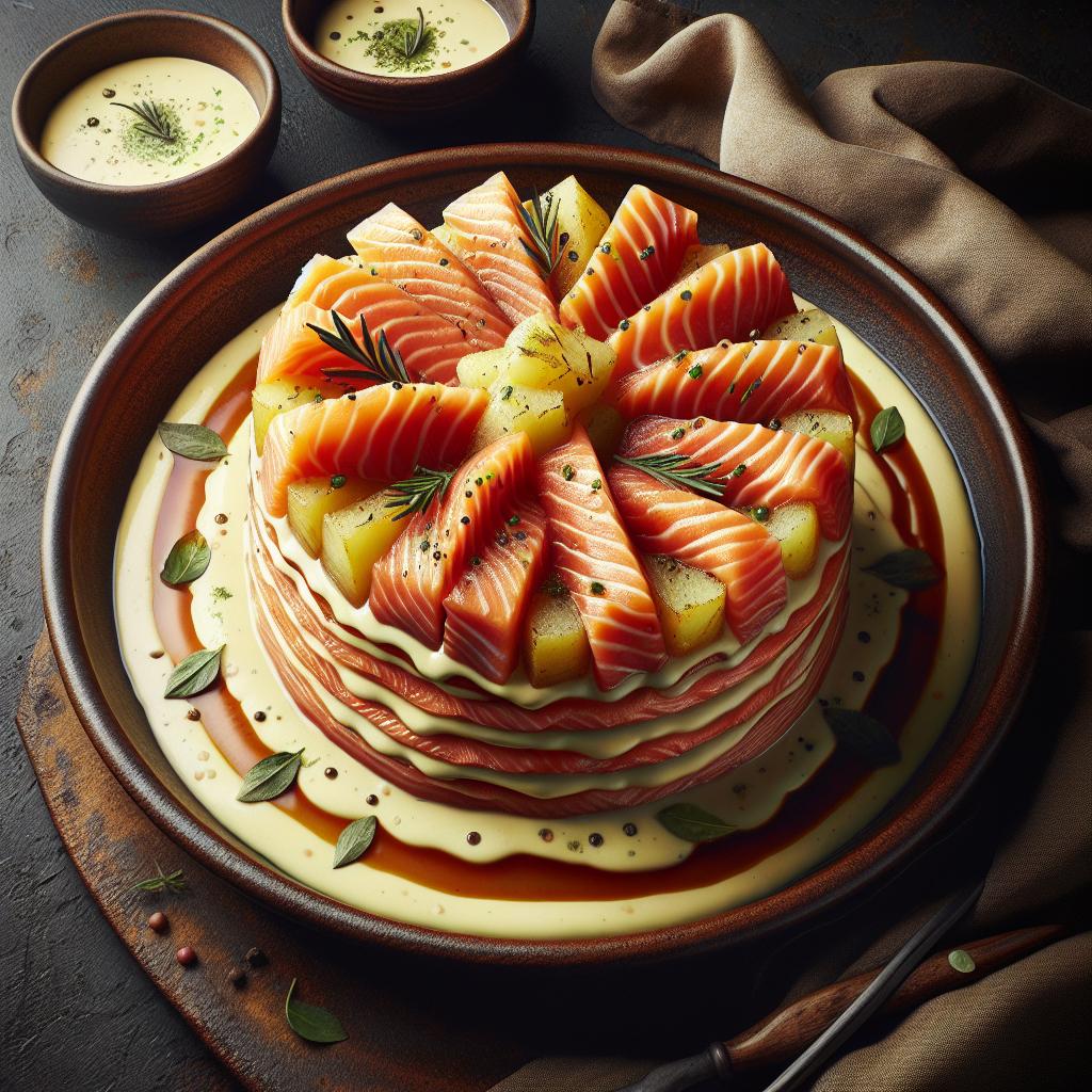 Milhojas de patatas y salmón