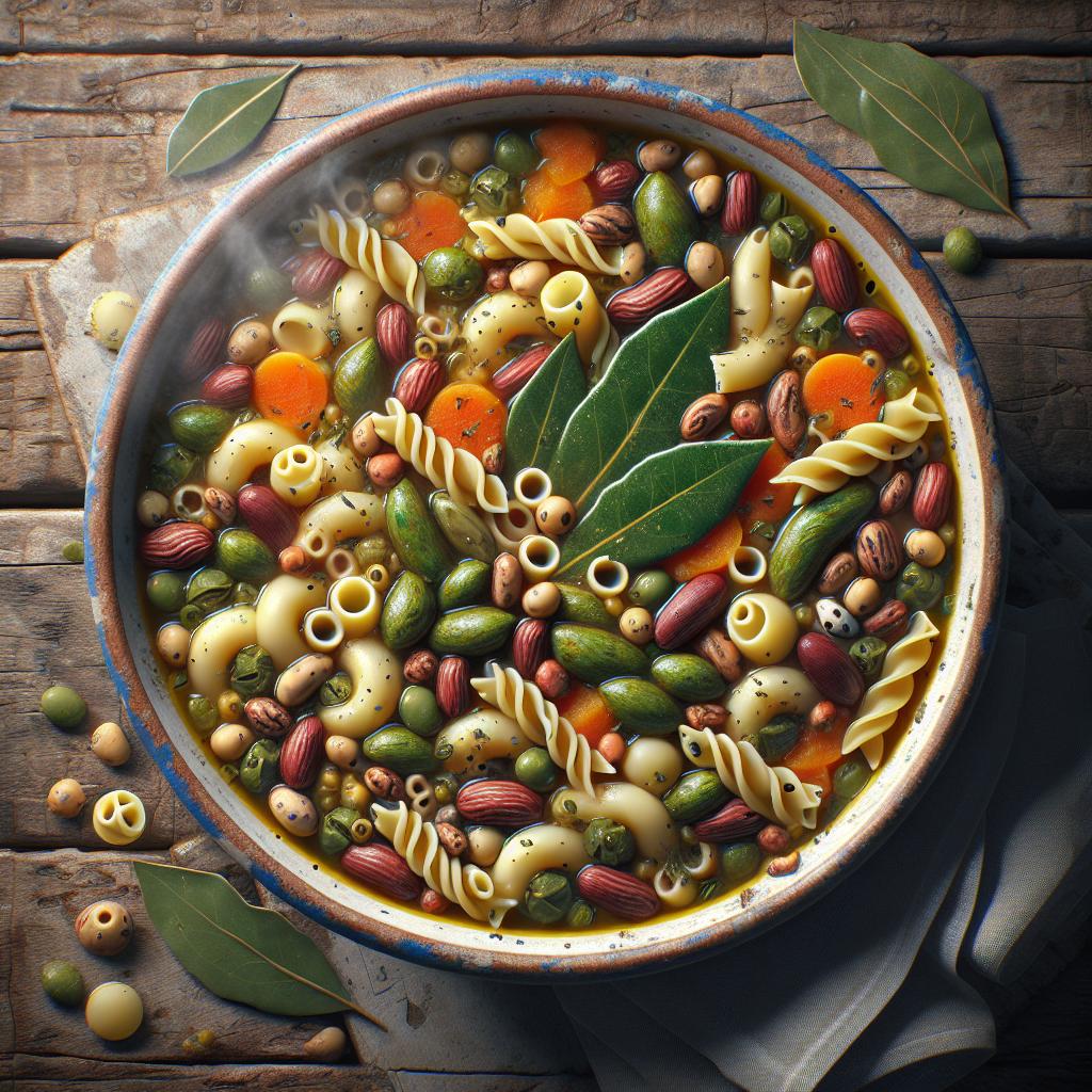 Sopa de pasta con legumbres mixtas y laurel