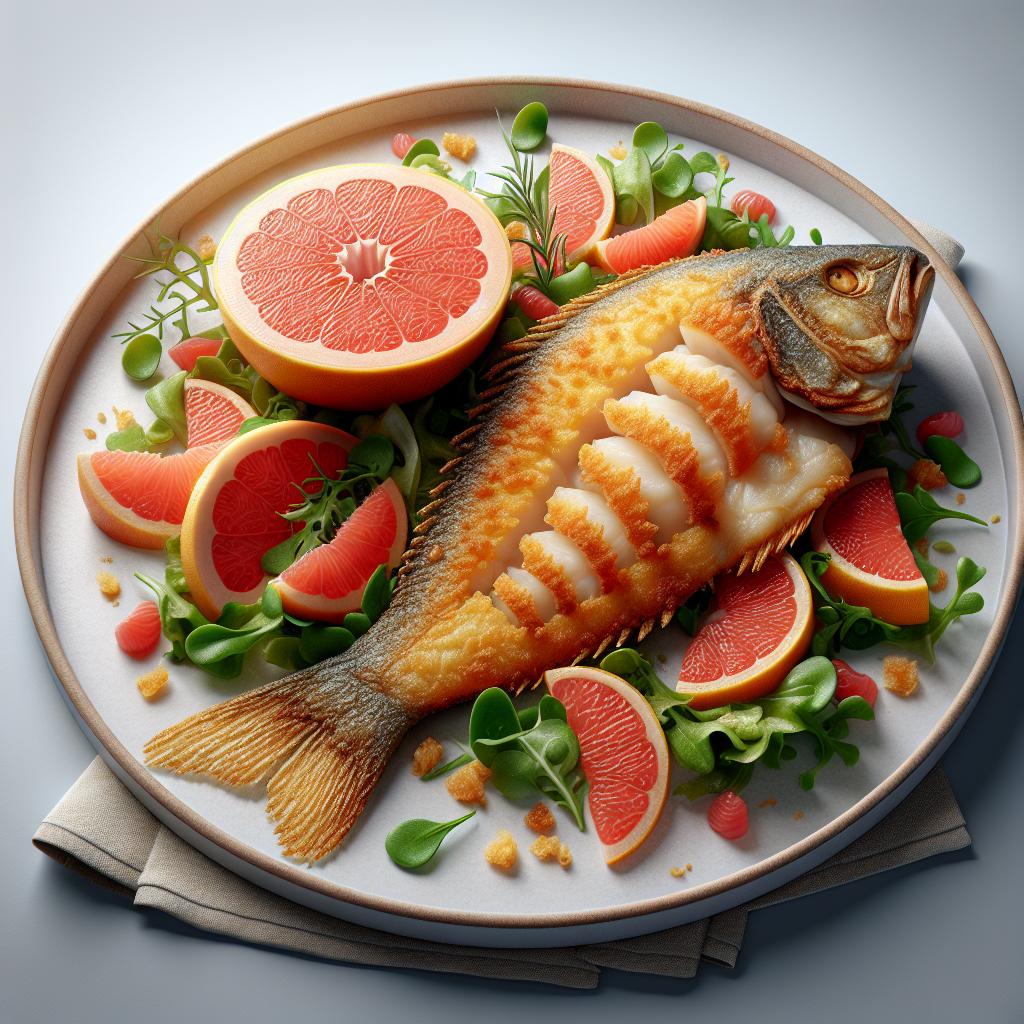 Merluza crujiente con ensalada de pomelo