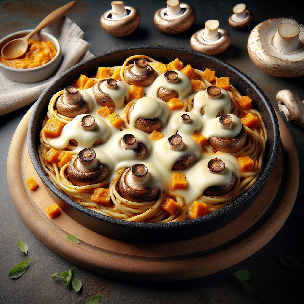 Nidos de champiñones, crema de calabaza y mozzarella
